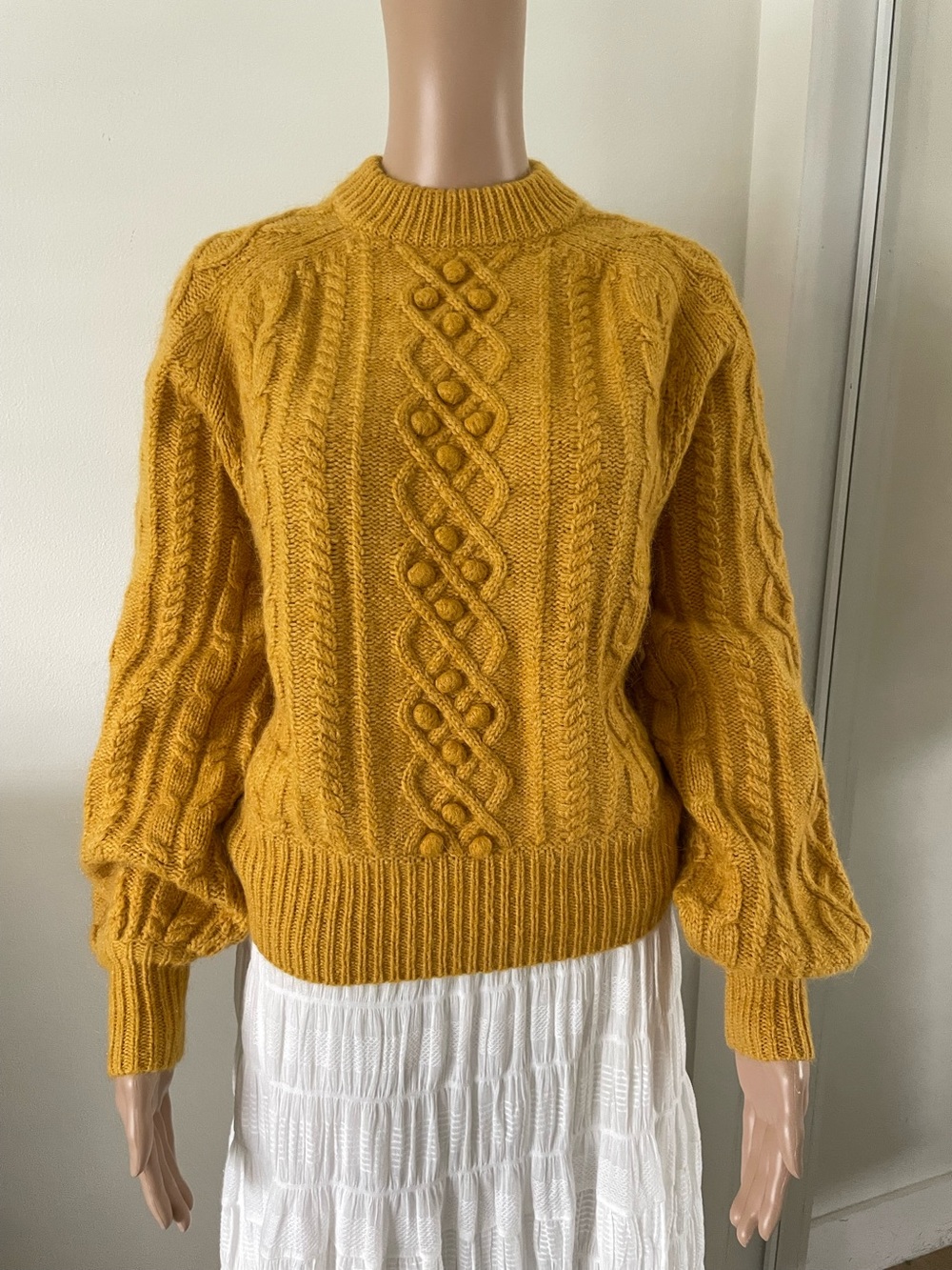 J. Crew DemyLee Chunky Cable Knit Sweater Balloon Sleeve Mohair Wool Mustard